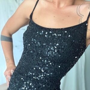 Vintage Cache 100% Silk Black Sequin Mini Fringe Hem Party Little Black Dress